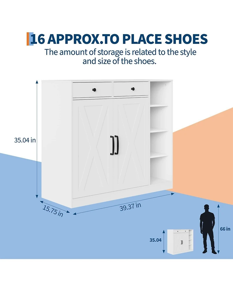 homfan Shoe Cabinet for Entryway with Doors, Hooks and 3 Open Racks - 4 Adjustable Shelves Storage Organizer for Hallway and Living Room
