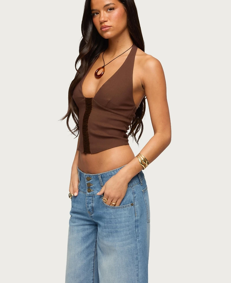 Edikted Womens Alira Fringed Panel Halter Top