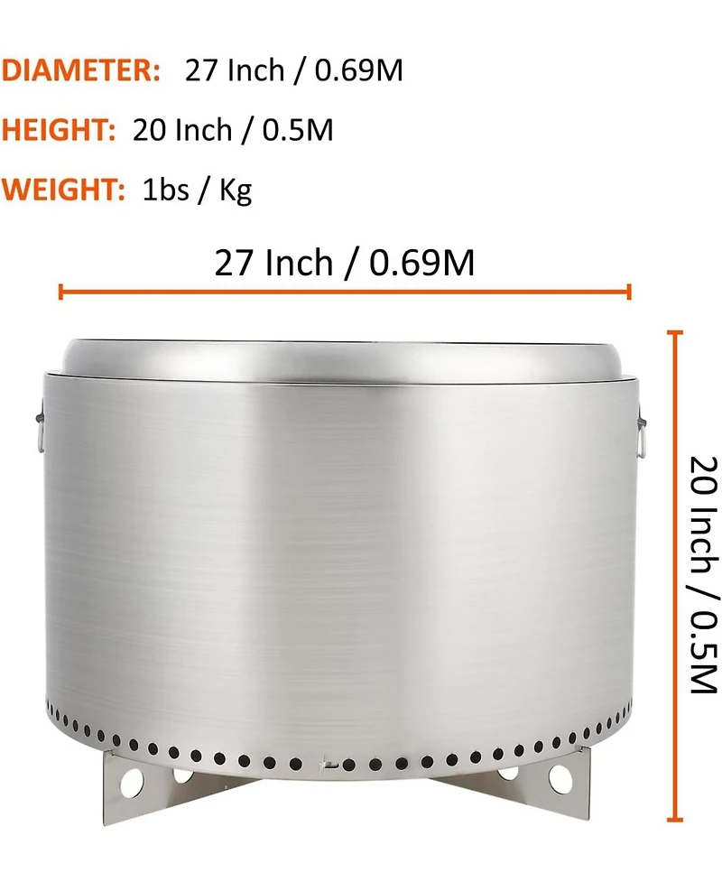 gaomon 27 Inches Stainless Steel Smokeless Fire Pit, Bottom Cross Stand with Round Cutout Design, with Handle for Camping Patio Backyard