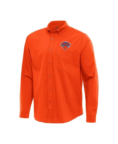 Antigua Men's Orange New York Knicks Flight Woven Tri-Blend Long Sleeve Button-Down Shirt
