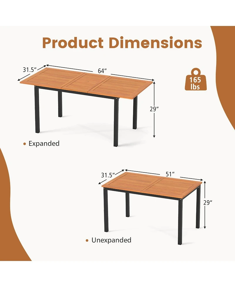 Sugift 4-8 Person Extendable Solid Wood Dining Table with Umbrella Hole