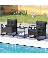 Sugift Rocking Bistro Set Pe Rattan Rocker Chairs with Acacia Wood Top Table