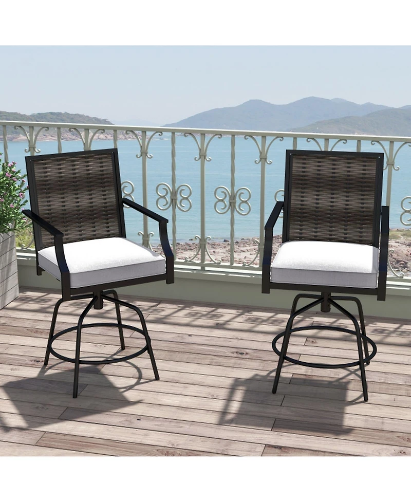 Gouun Set of 2 Outdoor Pe Wicker Swivel Bar Stools, 24 in Seat Height with Padded Cushions