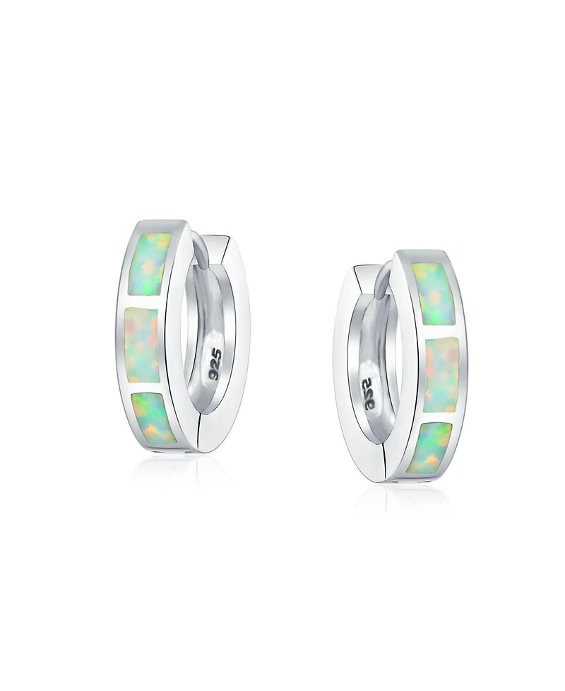 Bling Jewelry Created Opal Inlay Iridescent Huggie Small Hoop Earrings .925 Sterling Silver