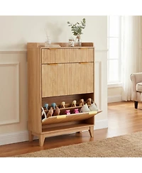 homfan Modern Vertical Storage Cabinet with Flip Drawer, Textured Front and Metal Handles, Space-Saving Shoe Orgzr for Entryway, Hallway, Living Room