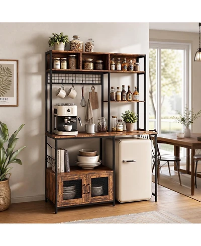 homfan Kitchen Bakers Rack with Fridge Space, Industrial Microwave Stand with Power Outlet, Freestanding Shelf for Pantry/Living Room
