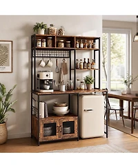 homfan Kitchen Bakers Rack with Fridge Space, Industrial Microwave Stand with Power Outlet, Freestanding Shelf for Pantry/Living Room