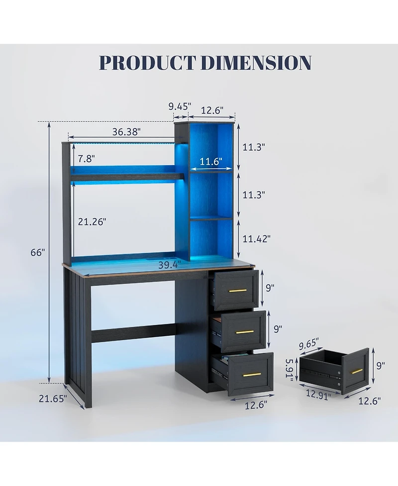 Vlsrka Modern Home Office Desk Led Lit with Drawers and Bookcase