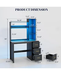 Vlsrka Modern Home Office Desk Led Lit with Drawers and Bookcase