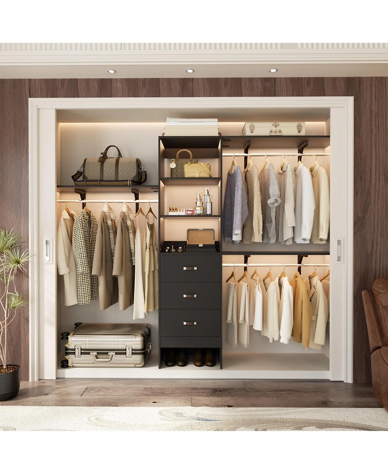 Aheaplus Closet System with 3 Hanging Rods, Drawers and Shelving Tower, 5-8 Feet Walk-in Organizer