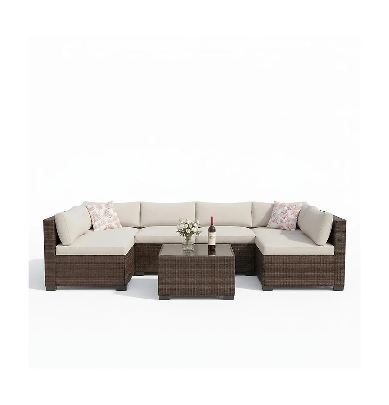 gaomon 7-Piece Wicker Patio Sectional Sofa, Outdoor Conversation Set with Washable Cushions and Glass Coffee Table for Garden Poolside Backyard