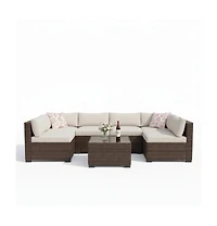 gaomon 7-Piece Wicker Patio Sectional Sofa, Outdoor Conversation Set with Washable Cushions and Glass Coffee Table for Garden Poolside Backyard