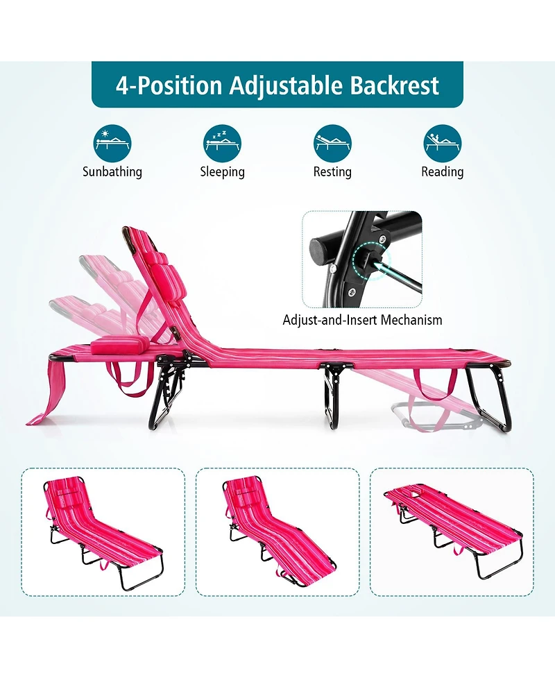 Gymax Beach Chaise Lounge Chair w/ 5-Position Adjustable Backrest & Face Hole Pillows