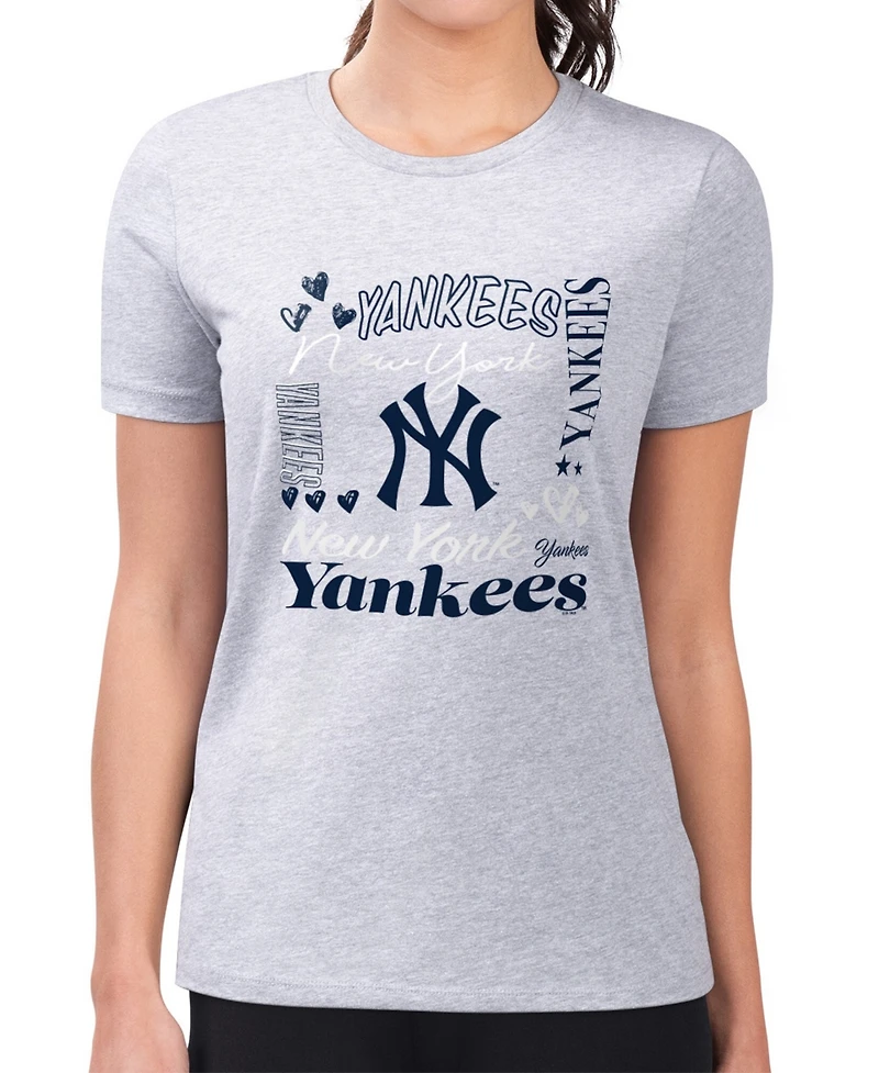 G-iii 4Her by Carl Banks Women's Heather Gray New York Yankees Super-Slim Fit Lightweight Collage Team Graphic Crew Neck T-Shirt