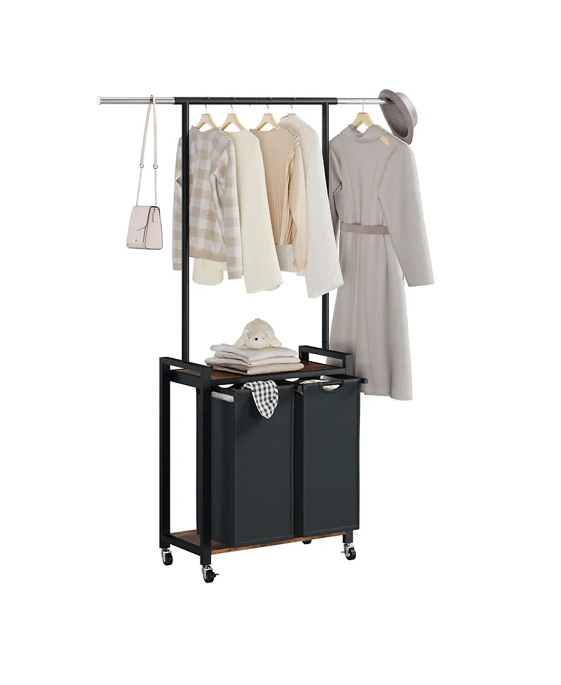 homfan Rolling Bathroom Storage Cabinet, 30 Inch Metal Laundry Organizer with Hanging Rod and Lockable Wheels for Bathroom