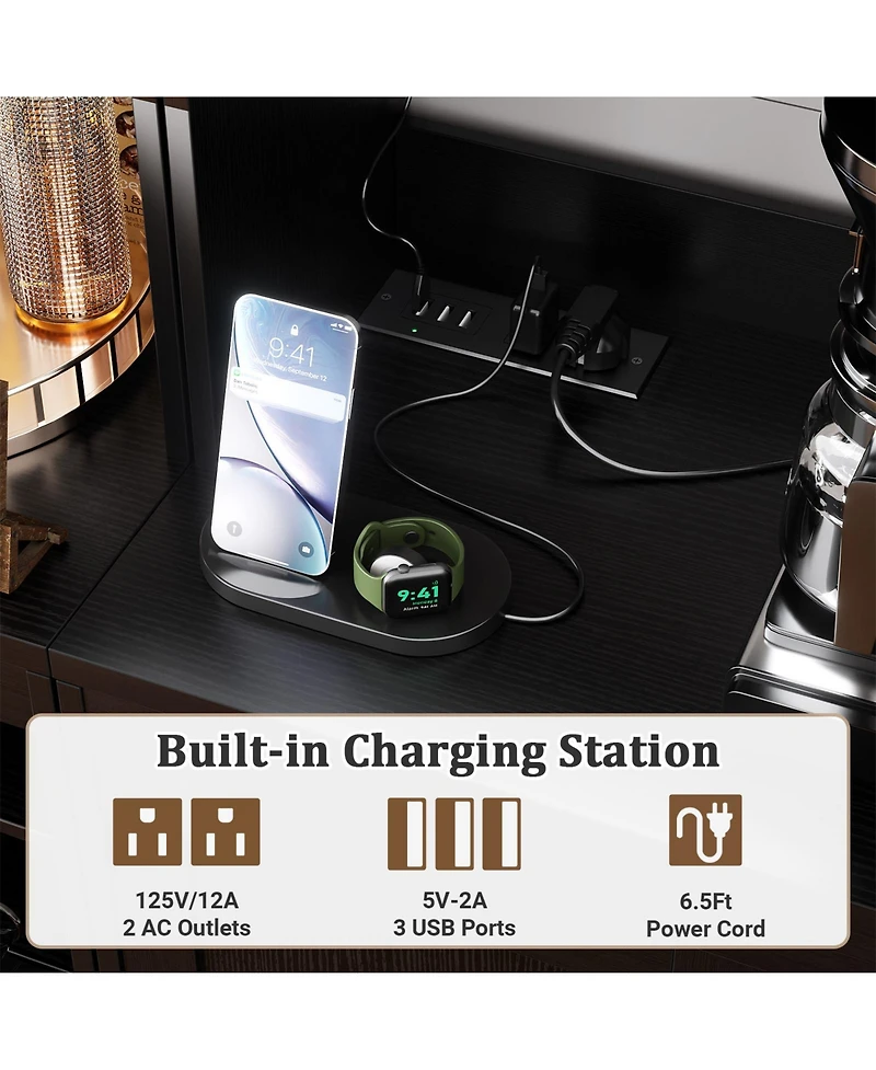 Aheaplus 31.5-Inch Kitchen Pantry with Charging Station, Coffee Wine Bar Cabinet