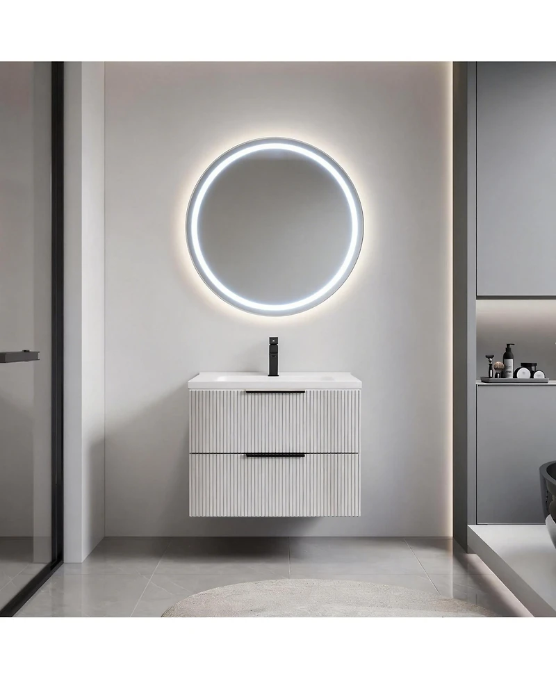 Busdays 24 Inch Wall Mounted Floating Fluted Bathroom Vanity with Ceramic Sink and Drawers Modern