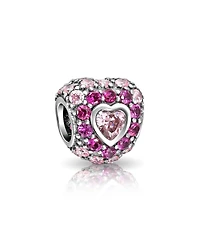 Bling Jewelry Romantic Cubic Zirconia Cz Pave Heart Charm Bead .925 Sterling Silver Fits European Bracelet