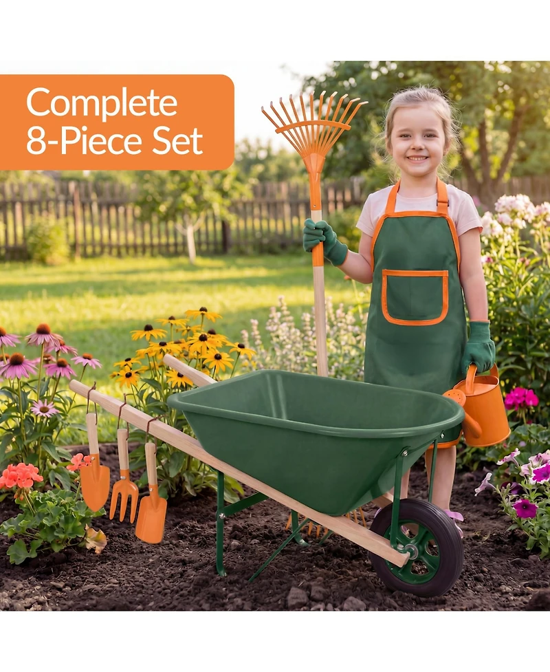 Best Choice Products Kids Gardening Tool Set 8 Piece with Wheelbarrow, Metal Tools, Apron, Gloves Ages 3+