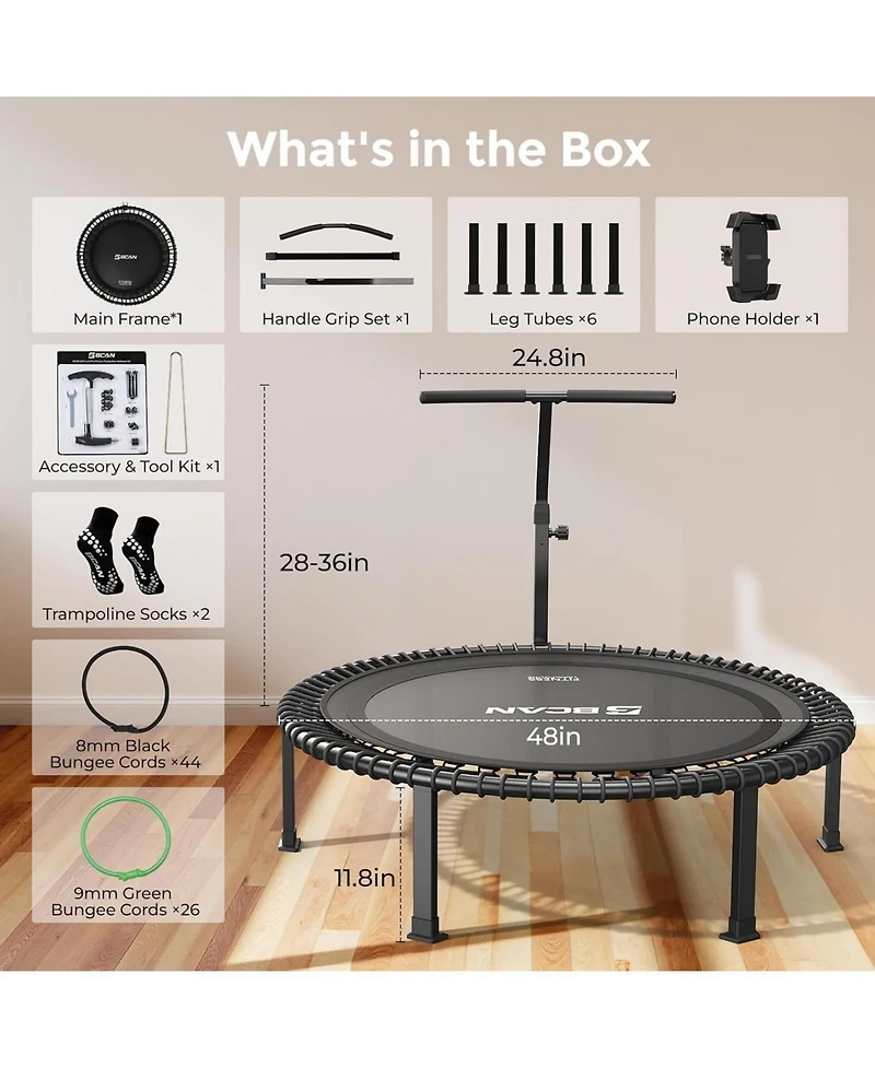 Bcan 48" 500LBS Bungee Trampoline, Quiet Indoor Rebounder with Adjustable Tension and Phone Holder