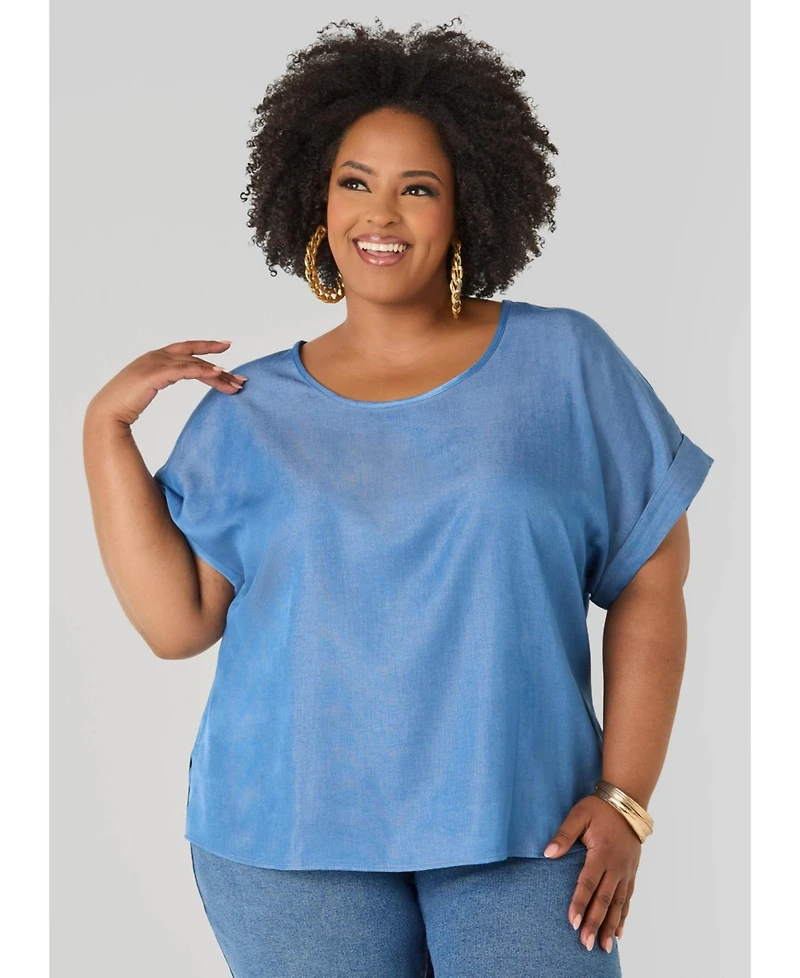 Ashley Stewart Plus Chambray Dolman Blouse with Side Vents