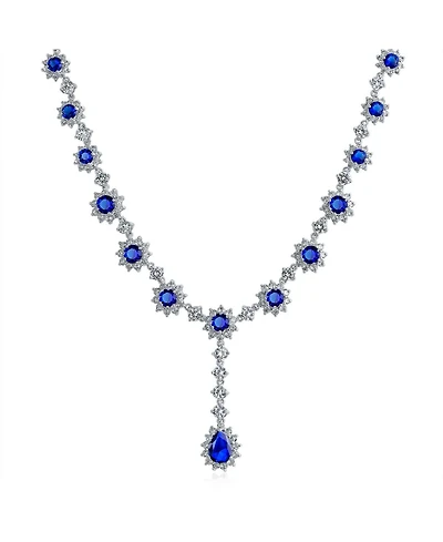 Bling Jewelry Y Collar Necklace Vintage Oval Crown Halo Royal Blue Cz Silver Plated