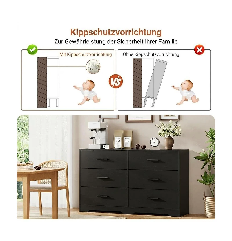 homfan 6-Drawer Modern Dresser Chest with Metal Handles, Wide Wooden Storage Cabinet Tv Stand for Bedroom, Living Room, Hallway