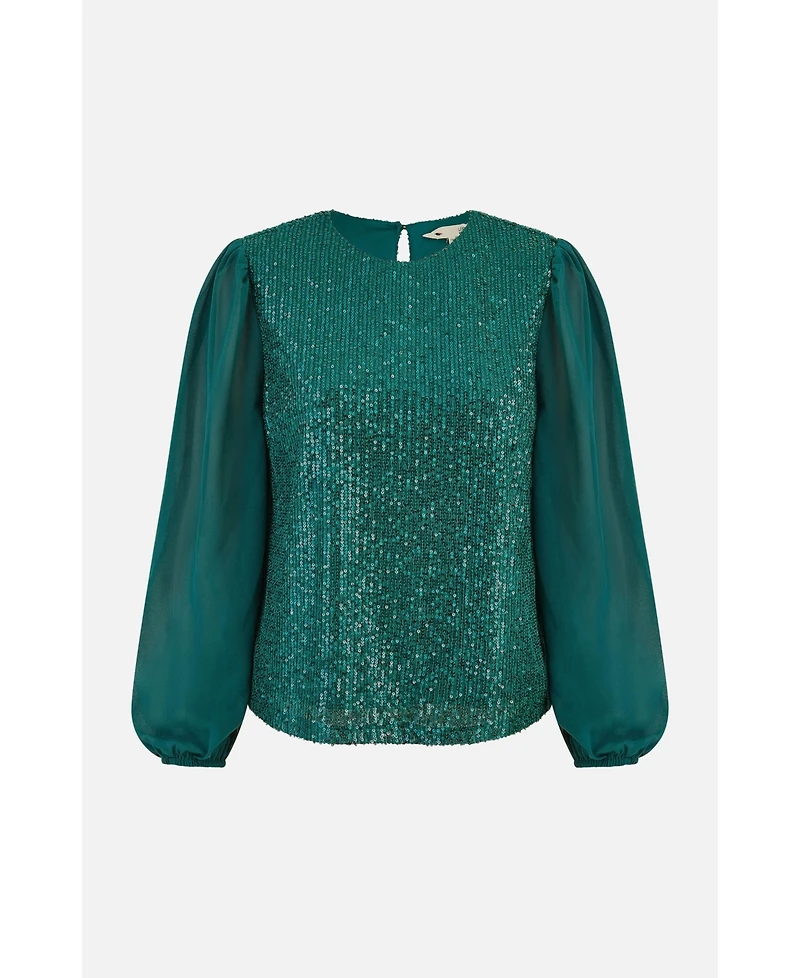 Yumi Women's Sheer Sleeve Sequin Top