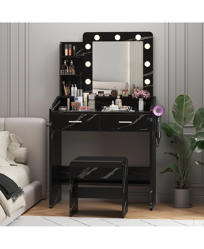 gaomon Vanity Desk with Mirror and Lights, Makeup Power Outlet, 3 Lighting Modes Adjustable Brightness