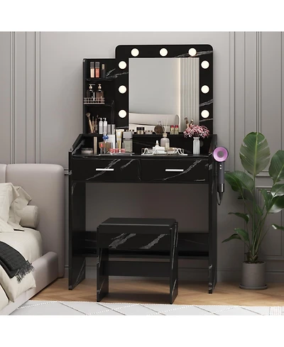 gaomon Vanity Desk with Mirror and Lights, Makeup Power Outlet, 3 Lighting Modes Adjustable Brightness