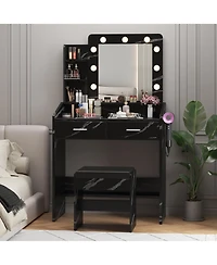 gaomon Vanity Desk with Mirror and Lights, Makeup Power Outlet, 3 Lighting Modes Adjustable Brightness