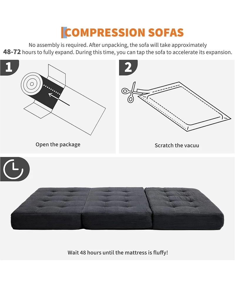gaomon Corduroy Queen Tri-Folding Sofa Bed and Compressed Mattress - Multifunctional Floor Folding Couch for Small Apartment, Home Office