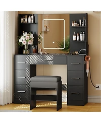 gaomon 43" Large Vanity Desk with 3 Colors Led Light and Mirror - Set Power Outlet Hairdryer Rack Makeup Table