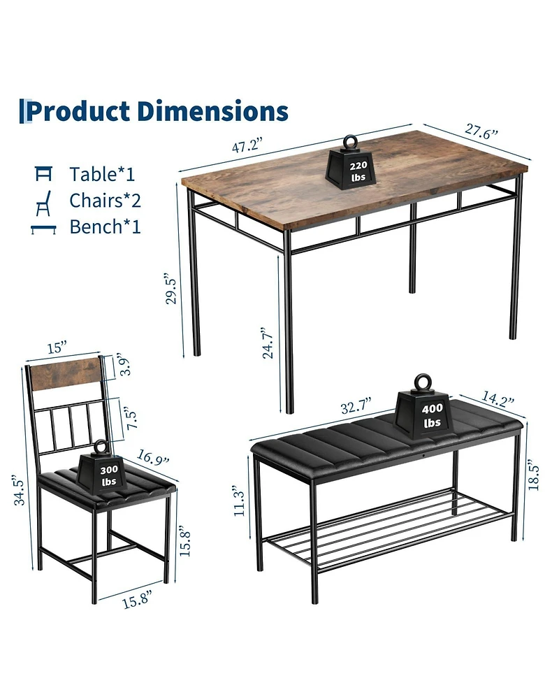 gaomon 4-Piece Kitchen Dining Table Set for 4 with 2 Upholstered Chairs and Padded Bench