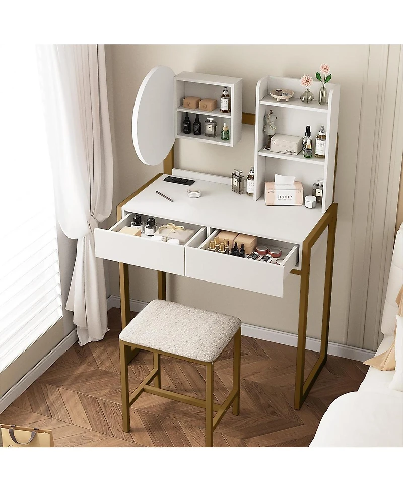 Streamdale Furniture Small Vanity Desk with Led Mirror, Power Outlet, and Stool