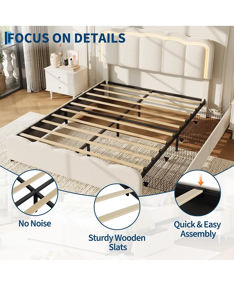 homfan Bed Frame with 2 Storage Drawers, Led Lights, Upholstered Bed with Adjustable Headboard, Wood Slats, No Box Spring