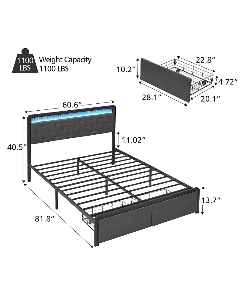 homfan Full Bed Frame with 2 Storage Drawers, Rgb Led Lights, Upholstered Button-Tufted Headboard, Easy Assembly, No Box Spring Needed