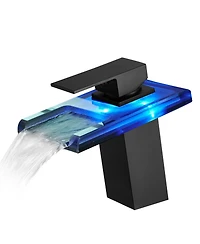 Phying Bathroom Sink Faucet Led Light 3 Colors Changing Waterfall Glass Spout Hot Cold Water Mixer Single Handle One Hole Deck Mounted Bathroom Faucet