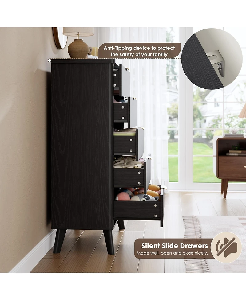 homfan Modern Fluted 5-Drawer Storage Dresser - Curved Profile, Handles, Thickened Chest, Tall 47.2" Wooden Drawers for Living Room