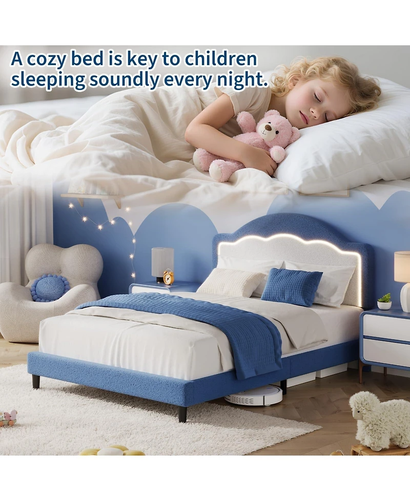 homfan Led Headboard Bed Frame with Soft Sherpa Upholstery, Staple Slat Support, Modern Boucle Styling, No Box Spring Required, Easy Assembly
