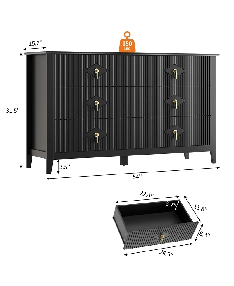 homfan Extra-Wide 6-Drawer Fluted Dresser Chest with Metal Handles, Lacquered Finish Storage Tv Stand for Bedroom, Living Room, Hallway