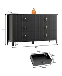 homfan Extra-Wide 6-Drawer Fluted Dresser Chest with Metal Handles, Lacquered Finish Storage Tv Stand for Bedroom, Living Room, Hallway