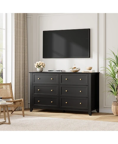 homfan Modern 6-Drawer Wide Dresser Chest with Metal Knobs, Lacquered Finish, Deep Drawer Storage for Bedroom, Entryway or Hallway