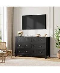 homfan Modern 6-Drawer Wide Dresser Chest with Metal Knobs, Lacquered Finish, Deep Drawer Storage for Bedroom, Entryway or Hallway