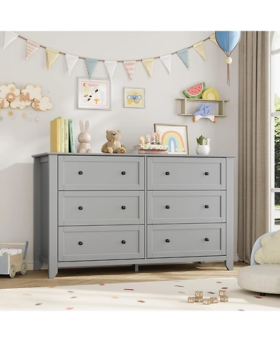 homfan Modern 6-Drawer Wide Dresser Chest with Metal Knobs, Lacquered Finish, Deep Drawer Storage for Bedroom, Entryway or Hallway