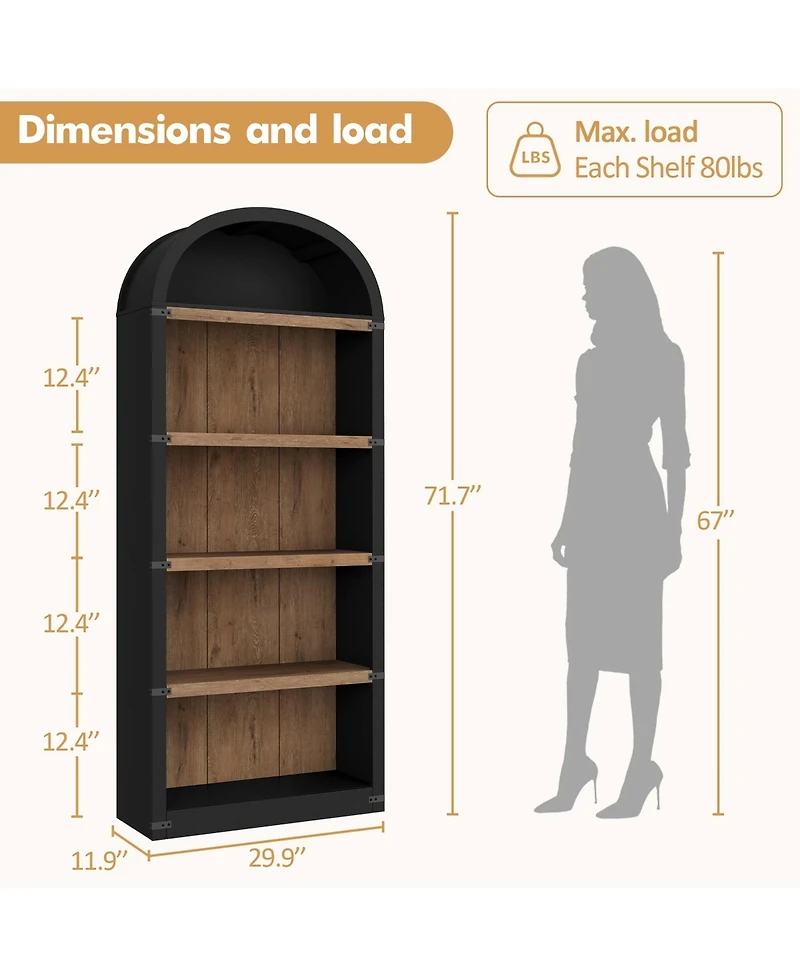 gaomon 5 Shelf Arched Bookshelf 71.65 Inch Tall Bookcase Farmhouse Display Storage Rack Wooden Bookshelves for Home Office, Living Room
