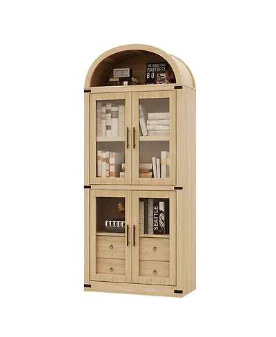 gaomon 71.7 Inch Tall Arched Bookcase, Glass Door Arched Cabinet with 2 Inner Drawers