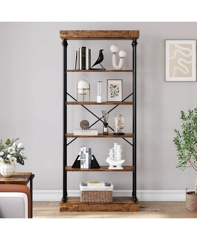 gaomon 6 Tier Bookshelf Industrial Bookcase Wood Storage Open Rack Shelf Metal Frame Rustic Tall Standing Bookshelves