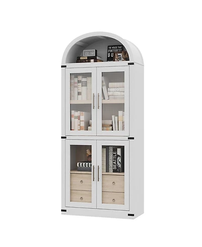 gaomon 71.7 Inch Tall Arched Bookcase, Glass Door Arched Cabinet with 2 Inner Drawers, Freestanding Arched Display Storage Cabinet