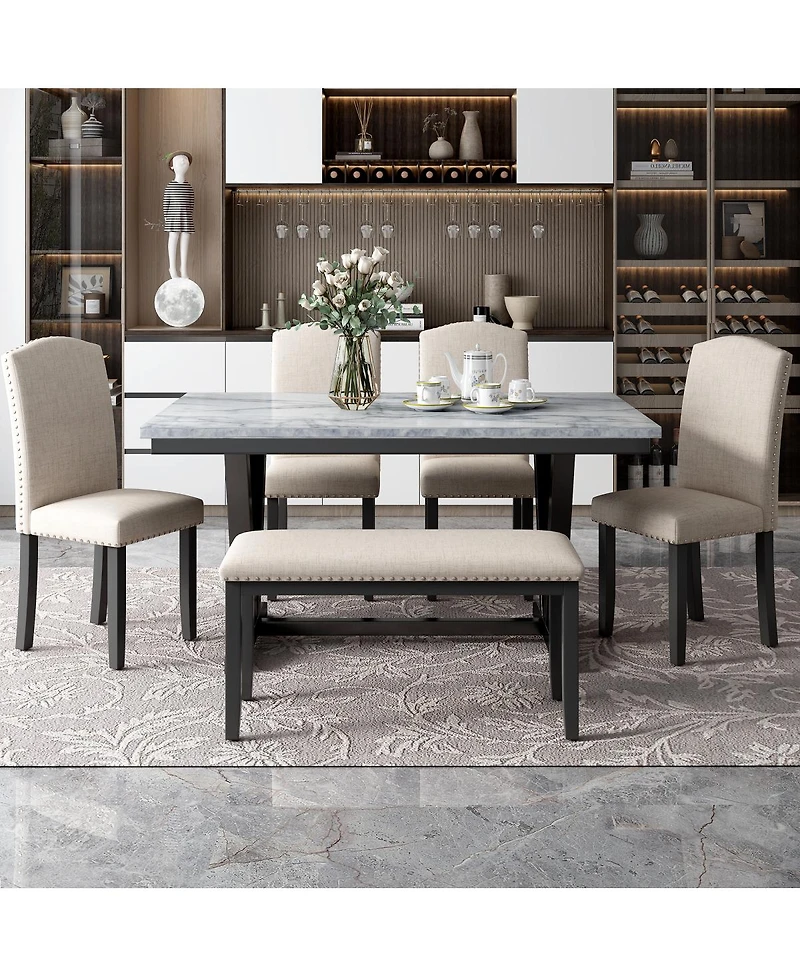 Streamdale Furniture 6 Piece Modern Dining Set with Marble Veneer Table and Bench